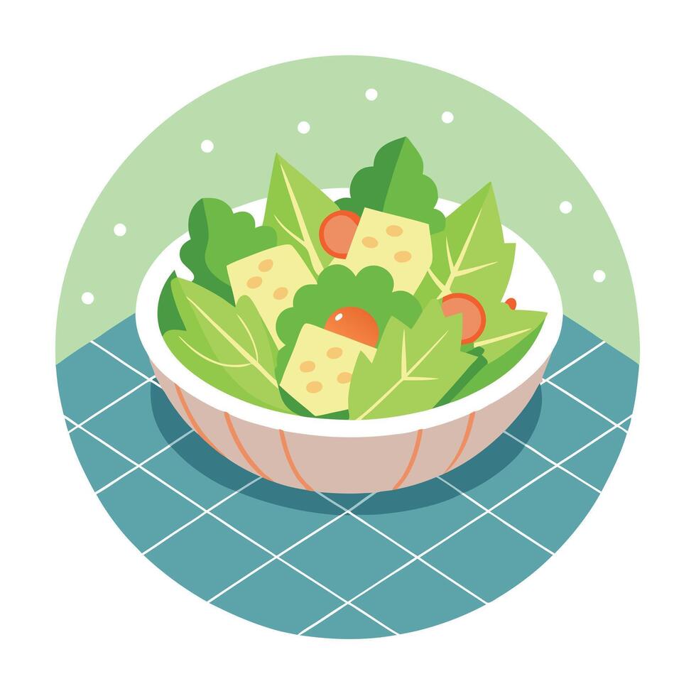 Delicious caesar salad on a slate plate against a patterned gift wrap paper background vector