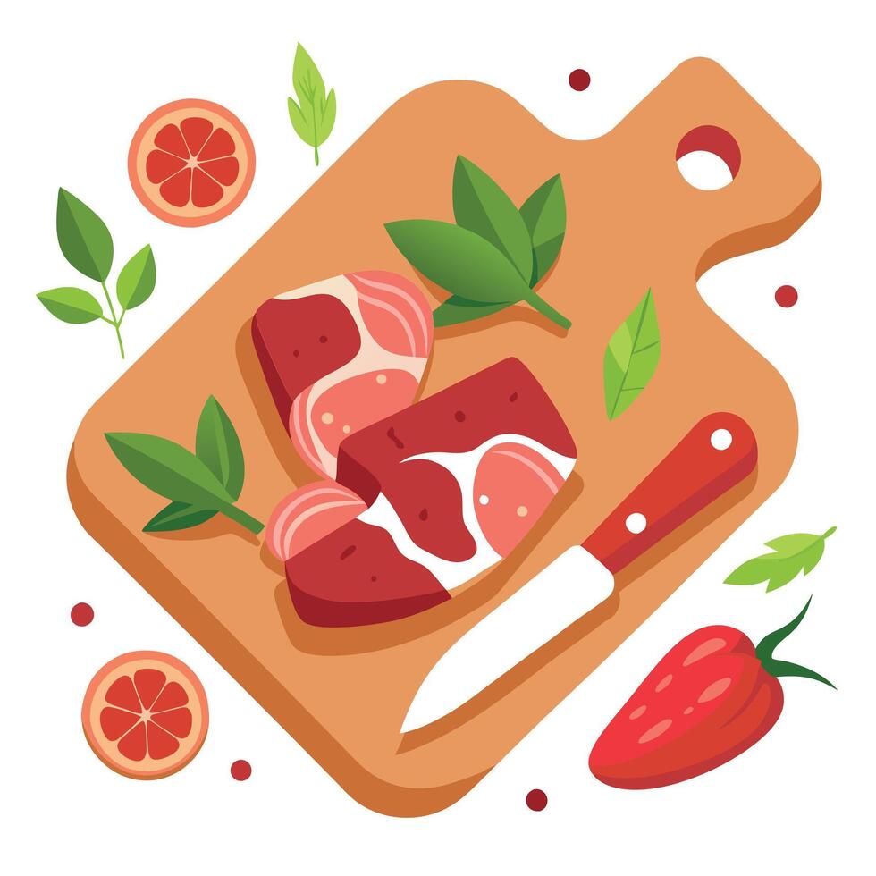 Chopped mutton pieces on a wooden chopping board with fresh spices and herbs vector
