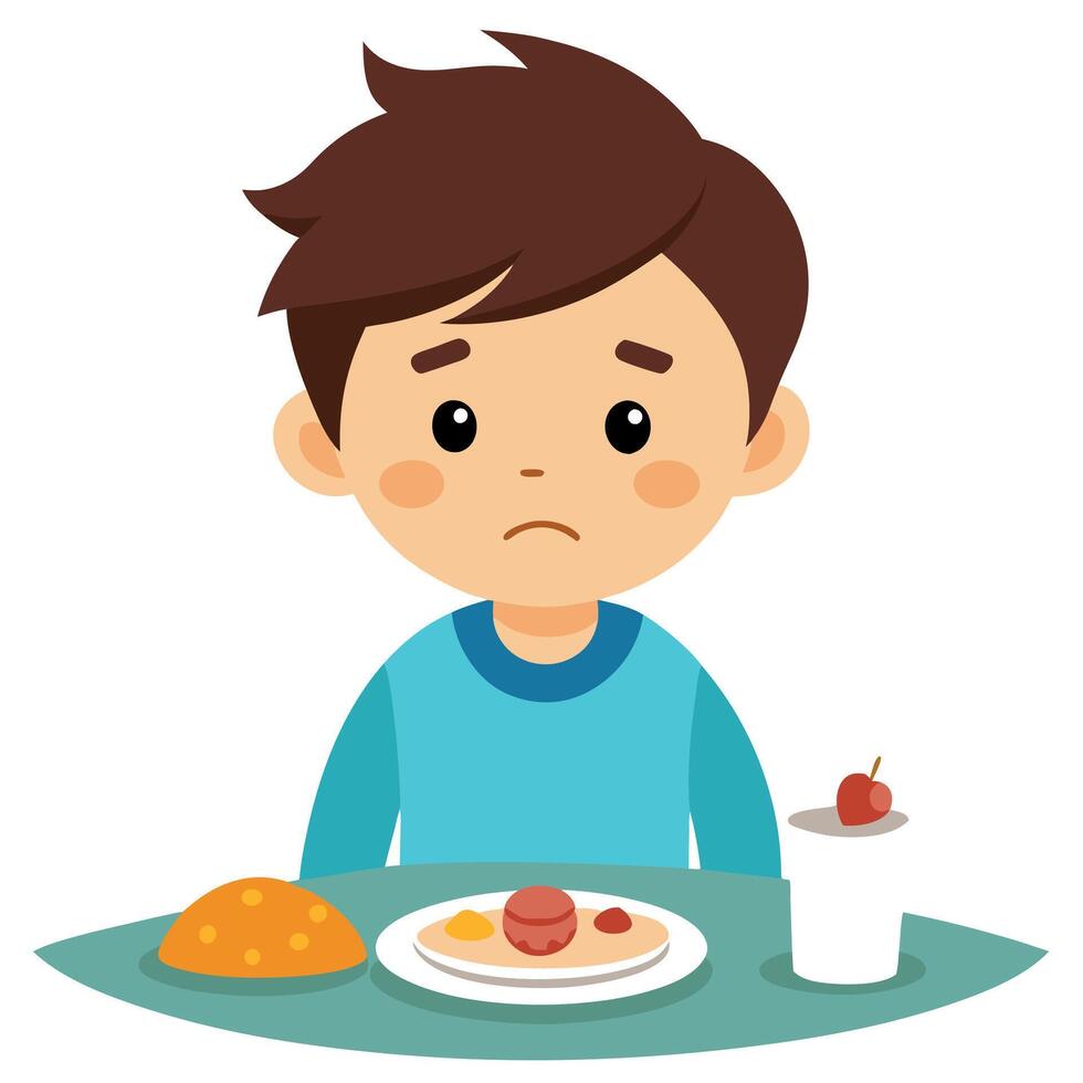 A kid refusing to eat breakfast looking unhappy with a little bit of food on the plate vector