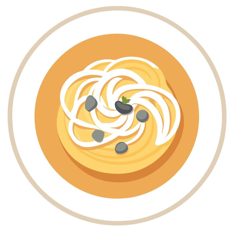 Creamy-cheese-mushroom sauce on spagetti in in the middle A white plate with. top view vector