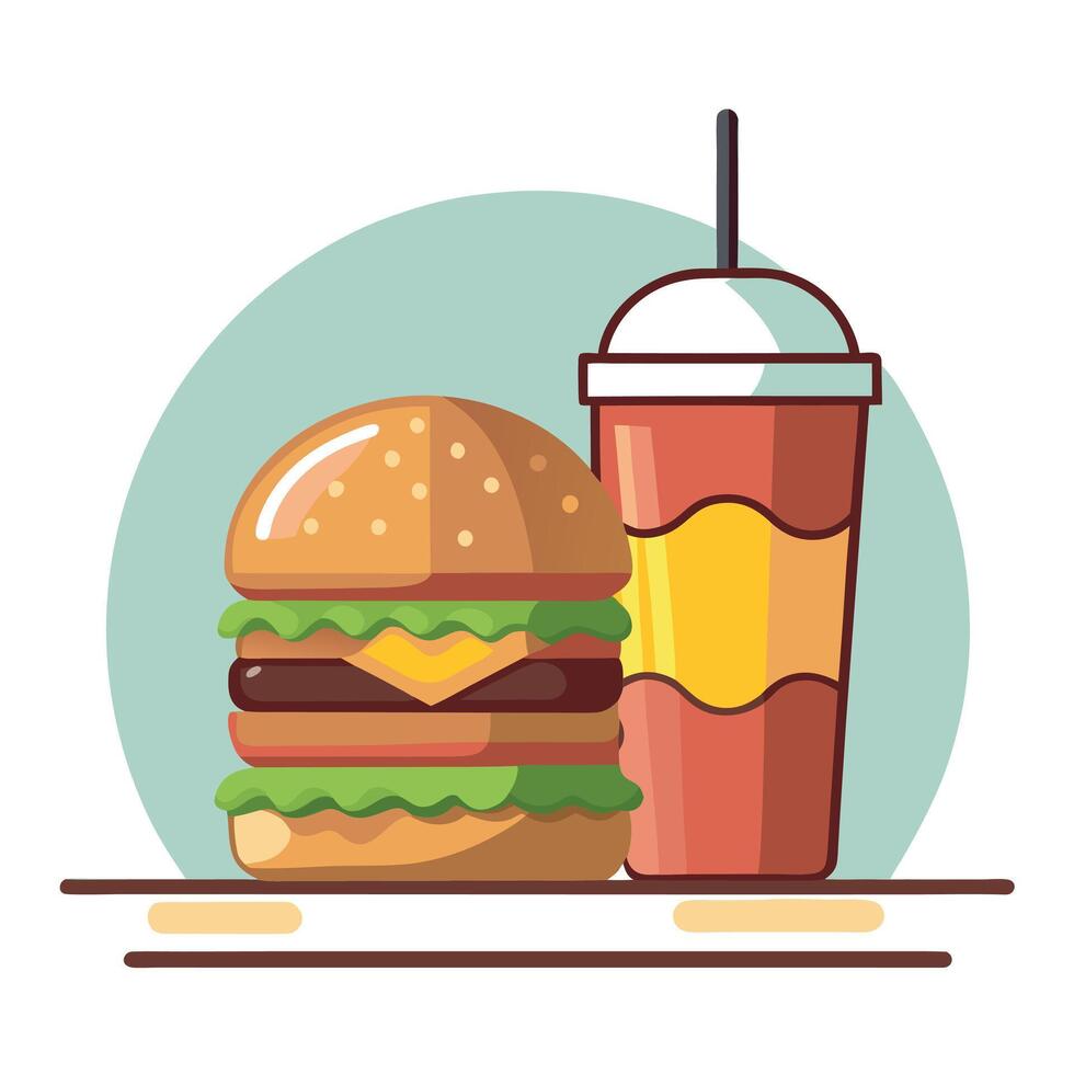 Burger And Shake. Double Cheeseburger with Cheese. Beef Patty. Onion. Lettuce on Table vector