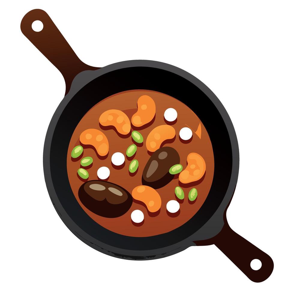 Baked beans in a skillet Pork and beans flavored with bourbon molasses and sugar vector