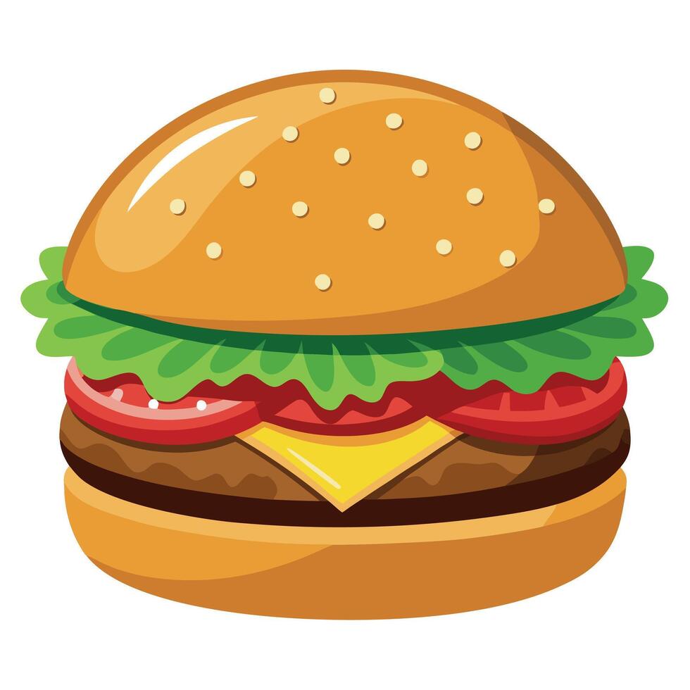 A delicious cheeseburger with lettuce. tomato. onion. and pickles on a sesame seed bun. vector