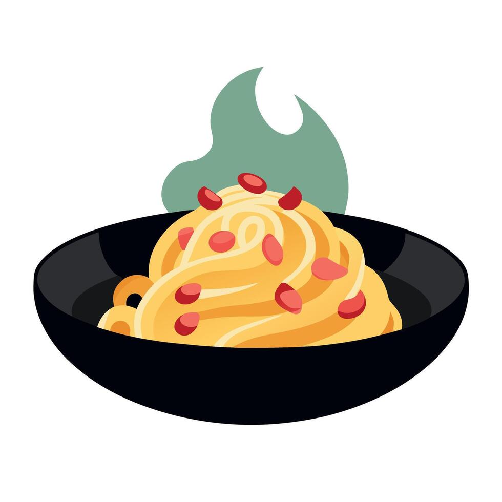 Creamy carbonara pasta with bacon and parsley on a black plate with steaming hot vector