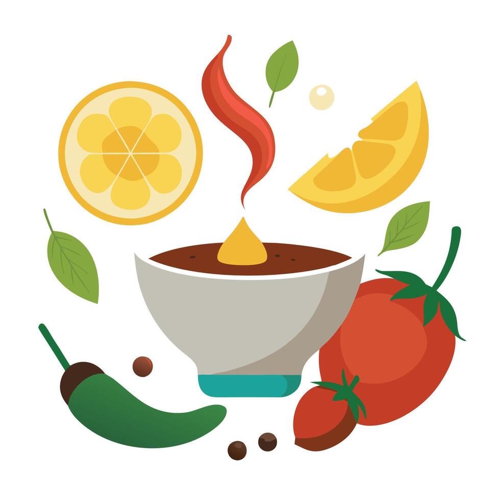 A white bowl of chili with a yellow lemon on the table. There are several bowls of food and condimen vector