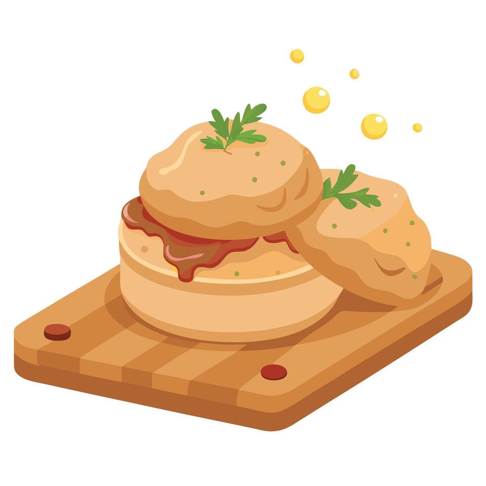 Flaky biscuits topped with savory sausage gravy and herbs. served with crispy bacon on a wooden boar vector