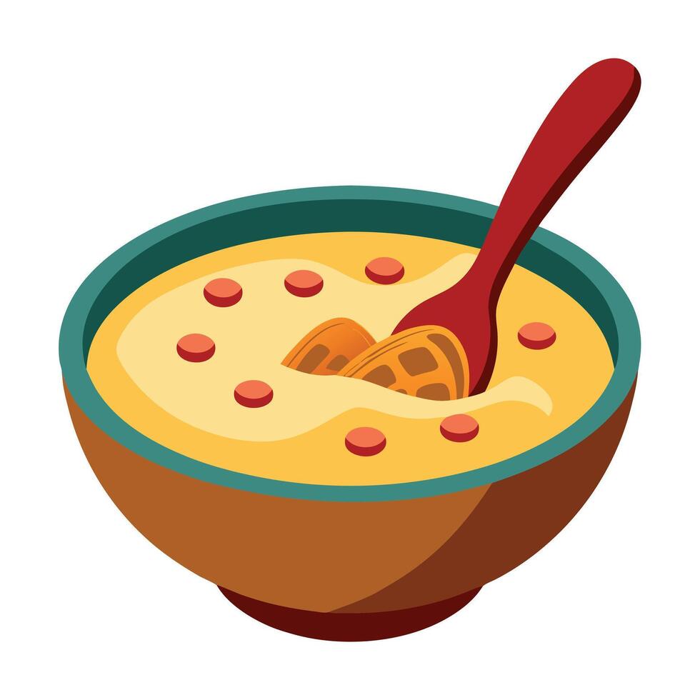 Creamy Potato Soup with Bacon and Cheese. bowl. wooden table. spoon. soup. recipe. food vector