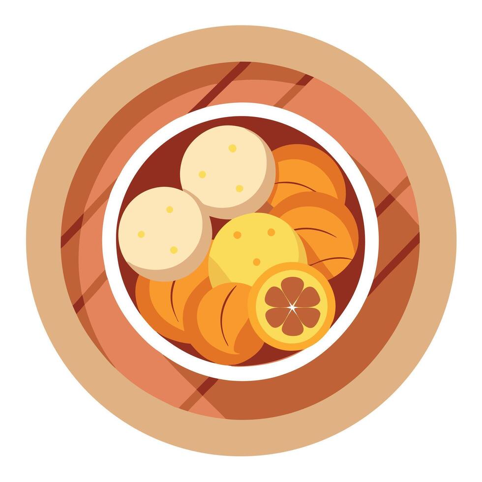 Dumplings potatoes and bacon in a bowl on a wooden table from top view with space for text vector