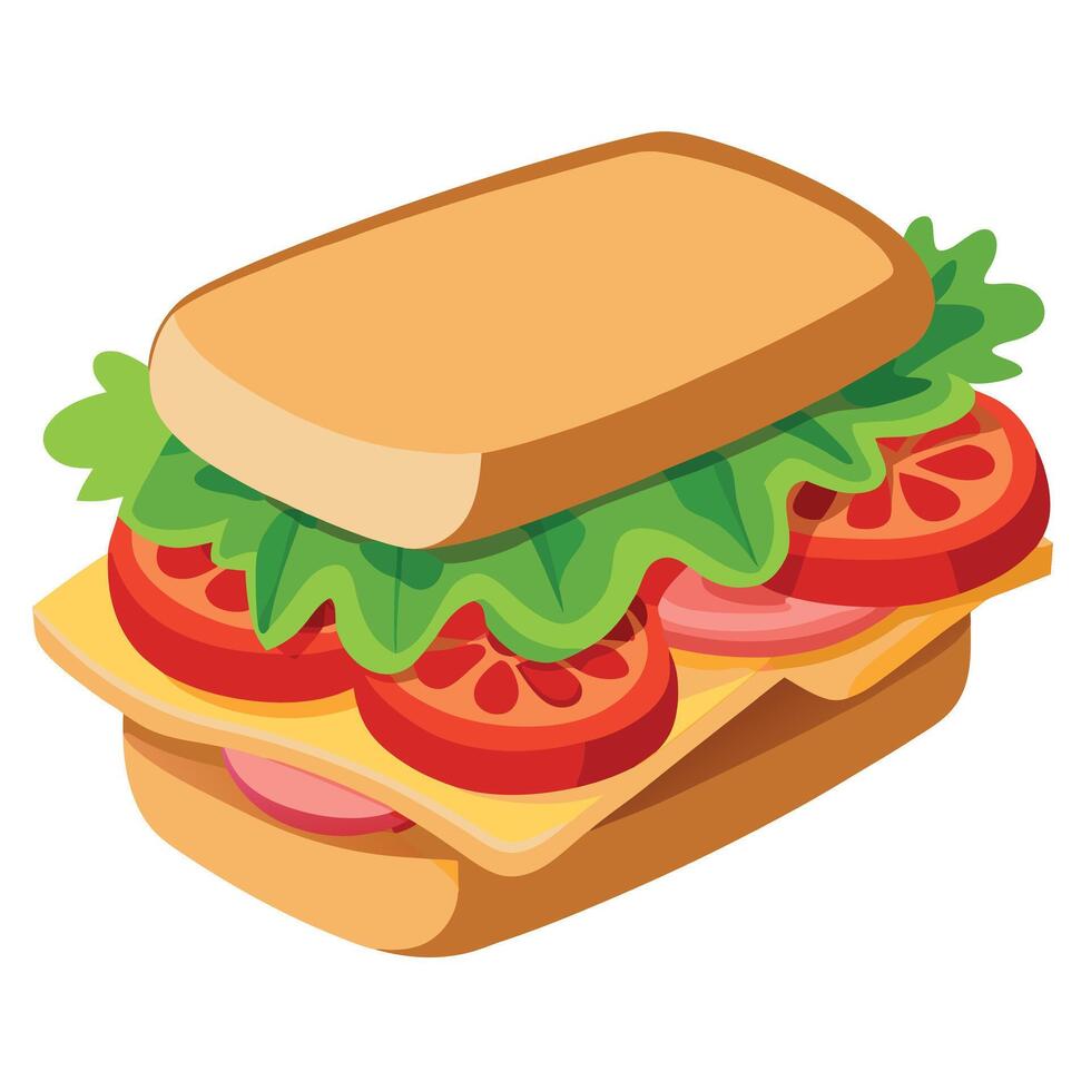 Close-up of a fresh. delicious sandwich with tomatoes. lettuce. bacon. and arugula on wooden table. vector