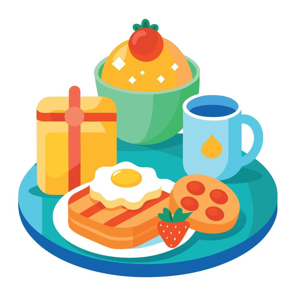 Children's healthy food. Cozy breakfast. Food for baby. Waffles. scrambled eggs. pancakes. vector