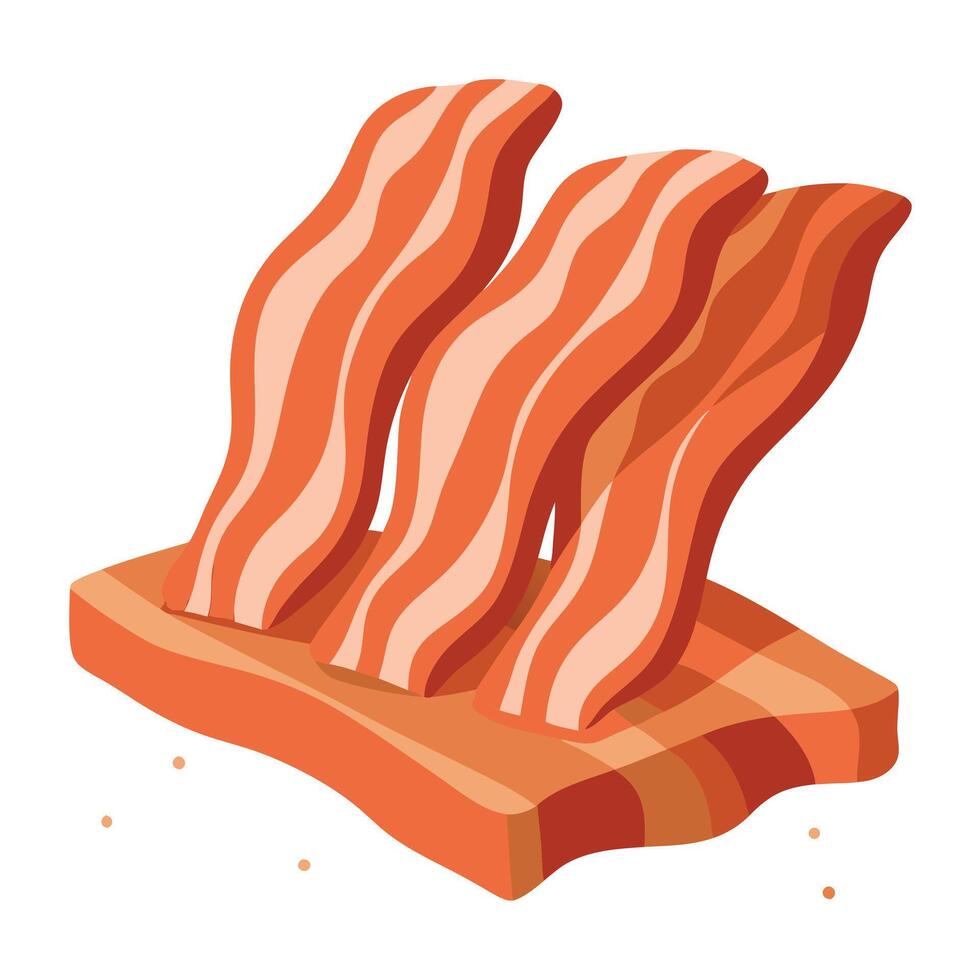 Freshly cut raw bacon slices lay arranged on a rustic wooden table. sprinkled with a pinch of salt. vector
