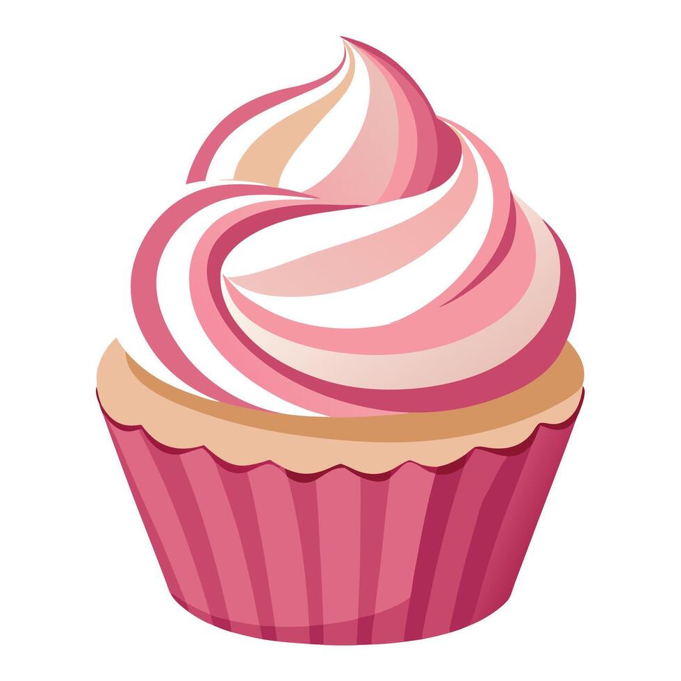 A close-up of a beautifully decorated vanilla cupcake with swirled pink and white frosting. vector