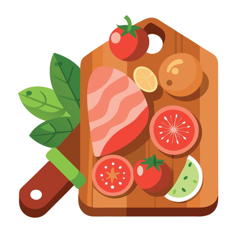 A wooden cutting board with a variety of meats and vegetables on it. The meats include ham. salami. vector