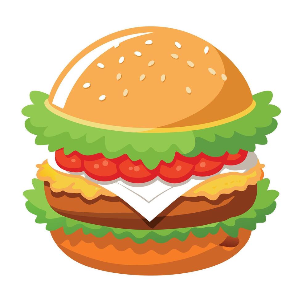Crispy fried chicken burger with pickles. mozzarella sauce. coleslaw. and tomato slices vector