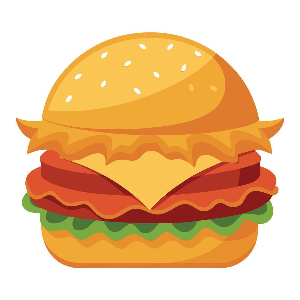 A chicken fillet burger with lettuce. cheese and bacon on top. A large golden bun sits atop the big vector