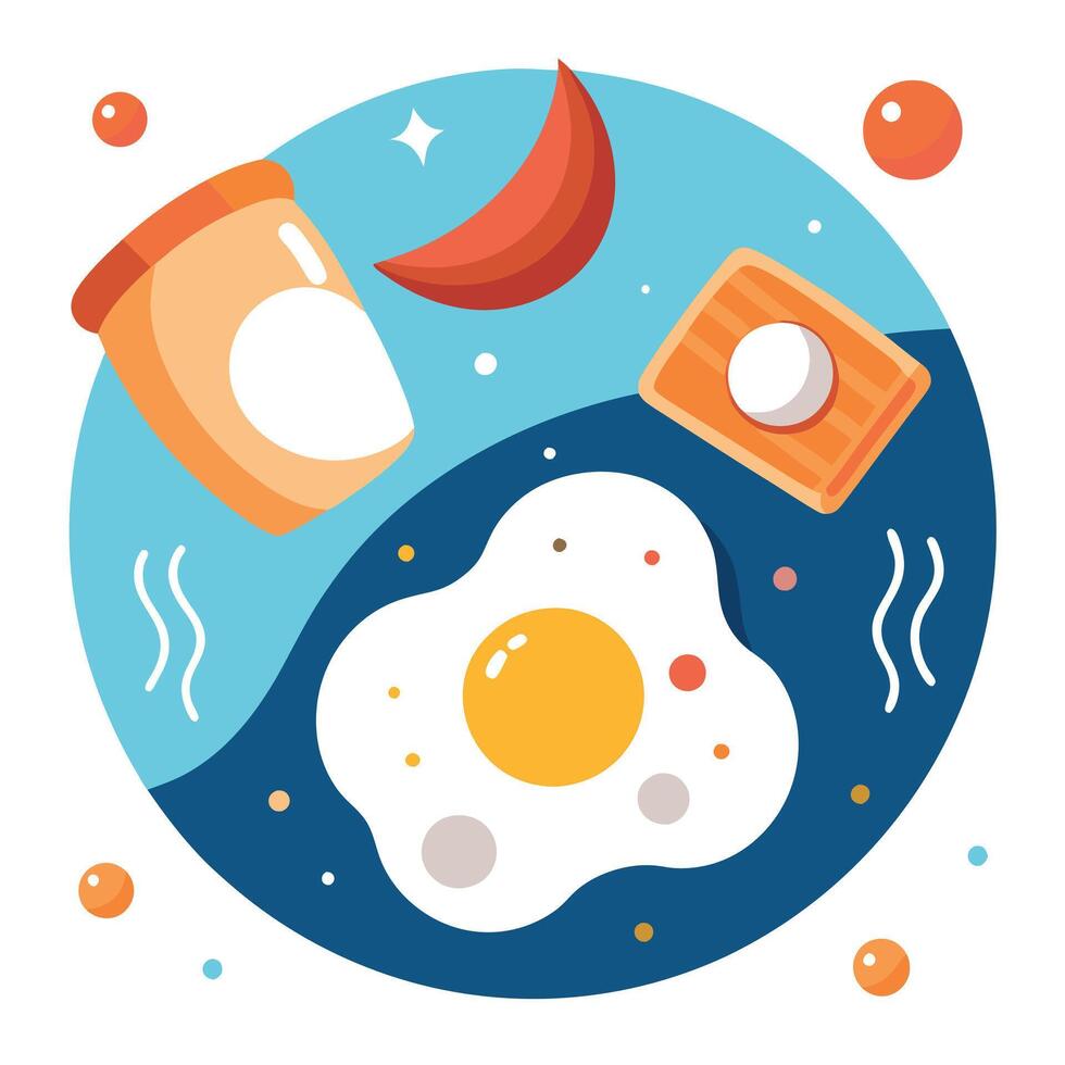 Fried eggs in zero gravity with toasted bread and flying bacon and drops of butter circling around. vector