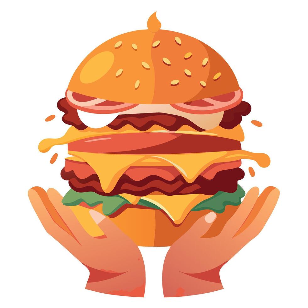 A massive double-decker burger. piled high with juicy patties. melted cheese. crisp bacon. and fresh vector