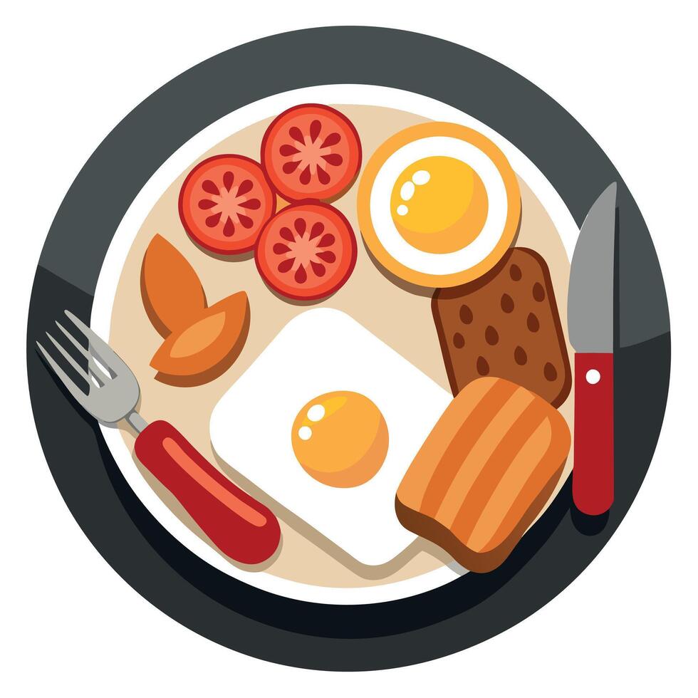 A traditional English breakfast including fried eggs. bacon. sausages. grilled tomatoes. and toast. vector