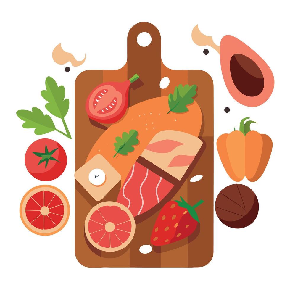 A variety of meats and vegetables are displayed on a wooden cutting board. The meats include bacon. vector