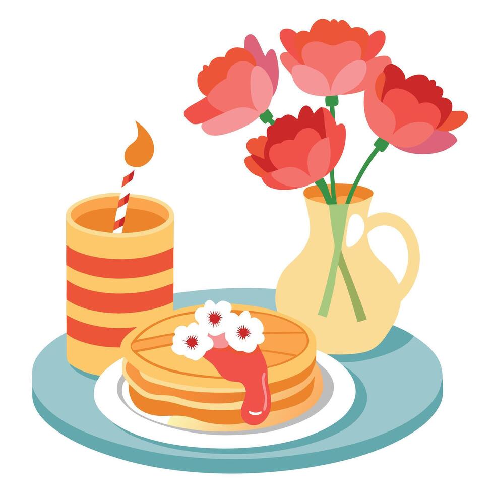 A picturesque brunch scene with fluffy pancakes. crisp bacon. and golden scrambled eggs. accompanied vector