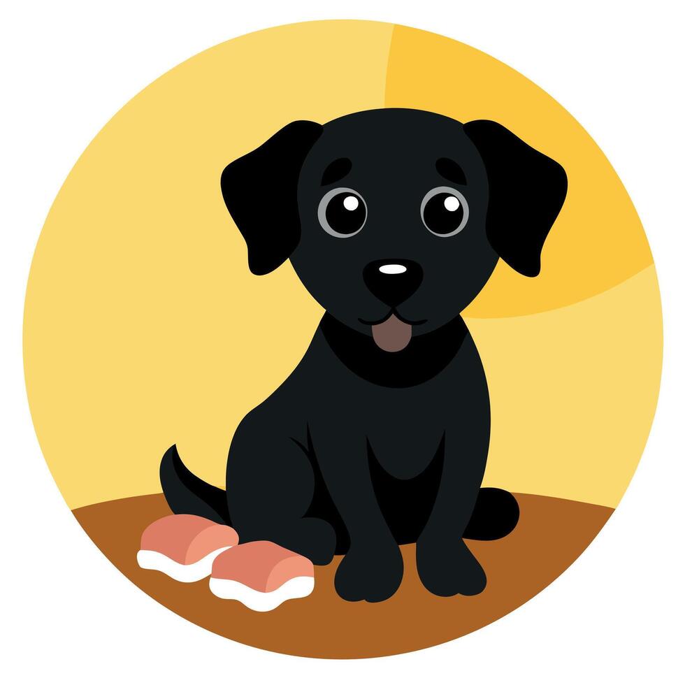 A black puppy with a short coat and floppy ears is sitting next to a plate of bacon strips . The pup vector