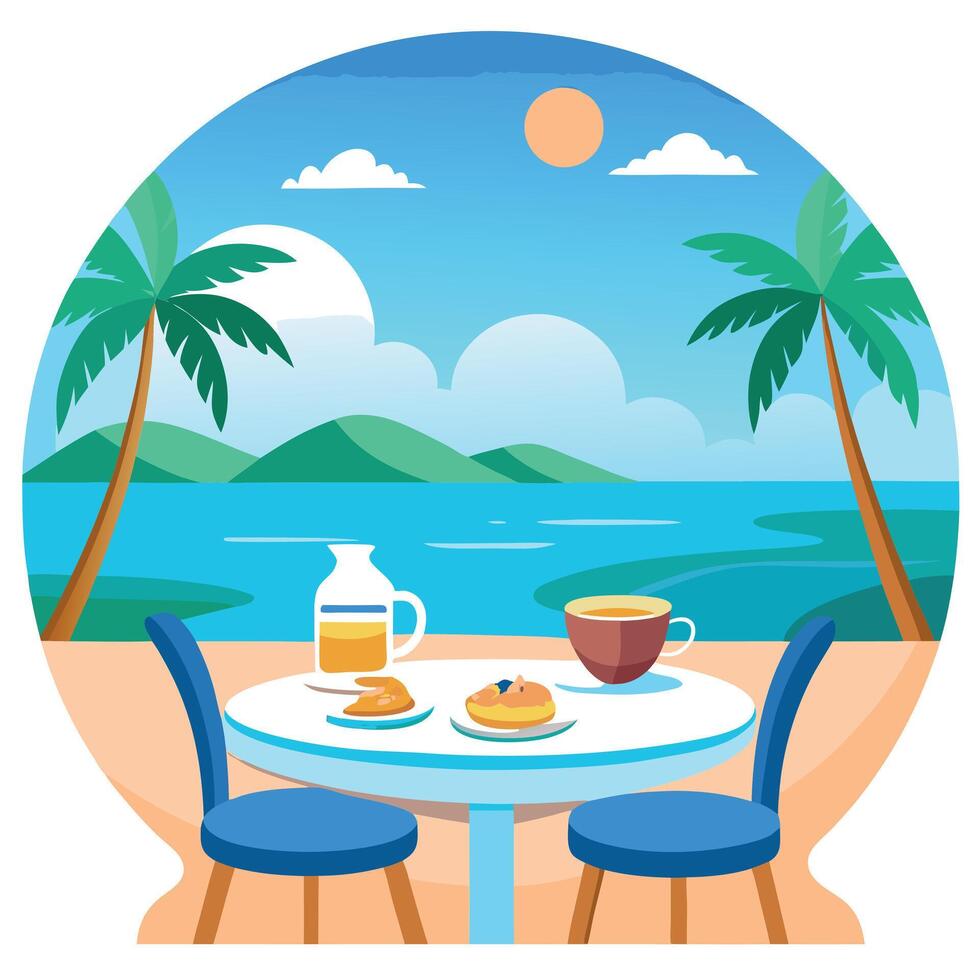 Luxury breakfast table beautiful tropical sea sky background. Idyllic romantic morning love couples vector