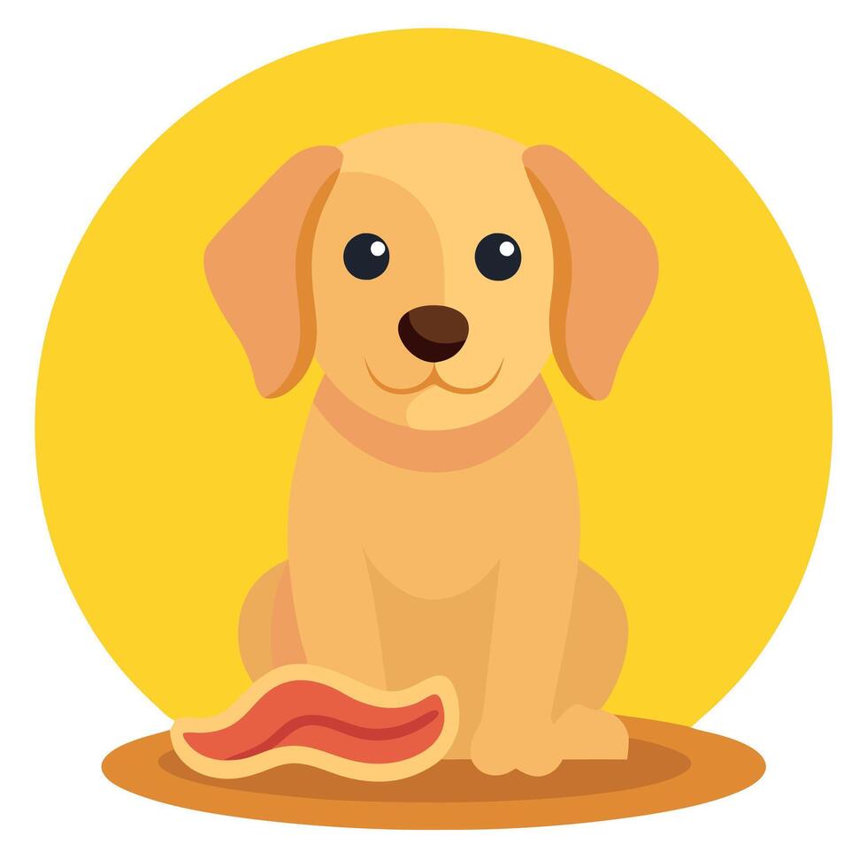 A golden retriever puppy with a short coat and floppy ears is sitting next to a plate of bacon strip vector