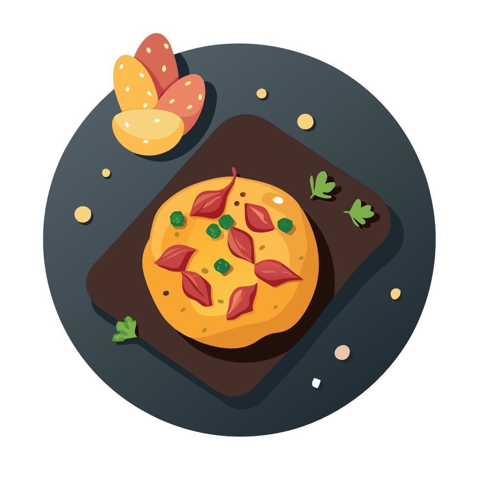 A horizontal top down flatlay of Aussie cuisine featuring crash hot new potatoes topped with spices vector