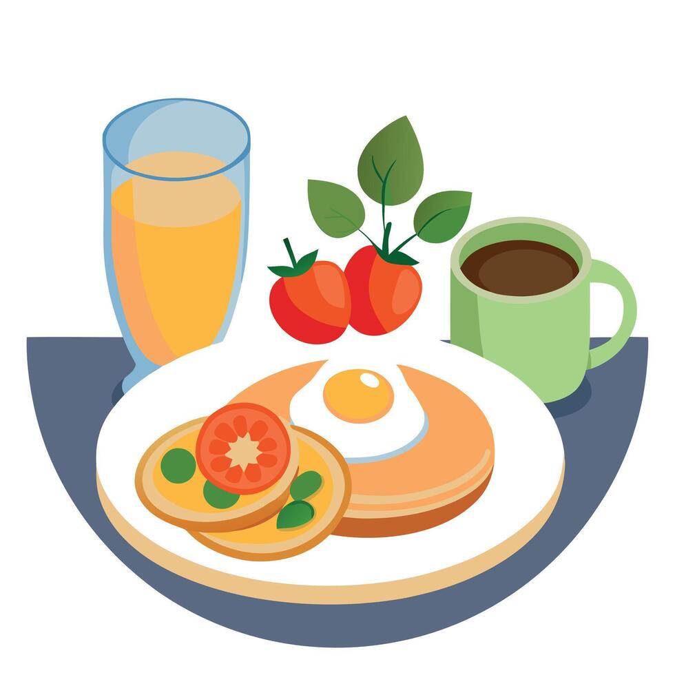 A breakfast plate with pancakes. fried eggs. avocado slices. cherry tomatoes. and a garnish of herbs vector