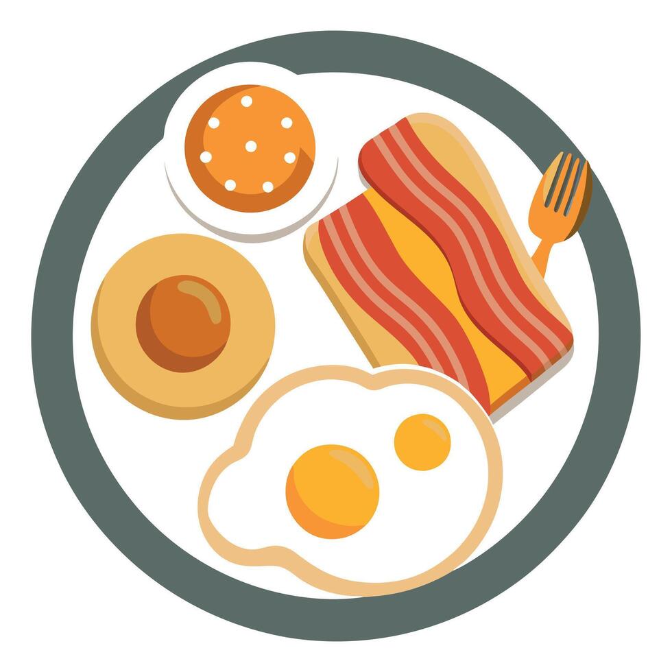 A top down view of a full American breakfast on a white background with plenty of space for addition vector