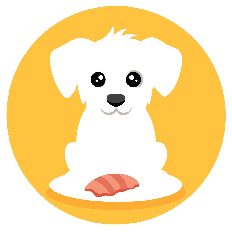 A white puppy with a short coat and floppy ears is sitting next to a plate of bacon strips . The pup vector