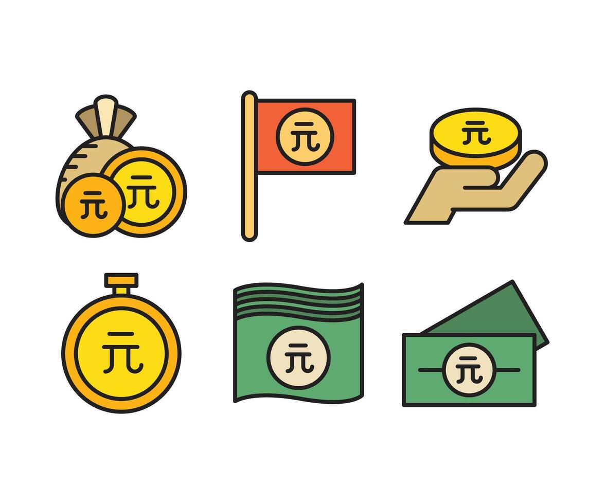 Chinese Yuan flag, coin and banknote icons set illustration vector