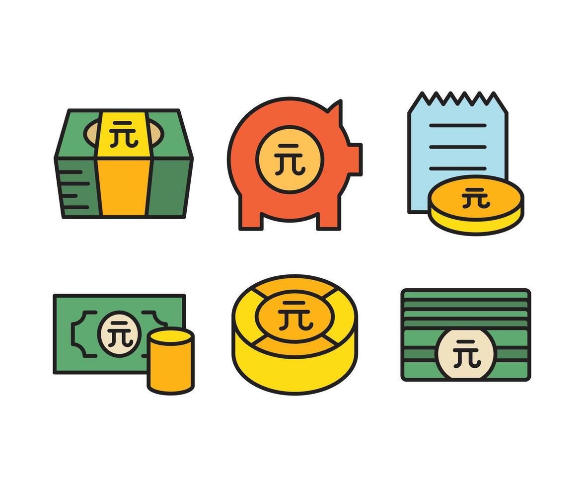 Chinese Yuan piggy bank, coin and bill icons set illustration vector