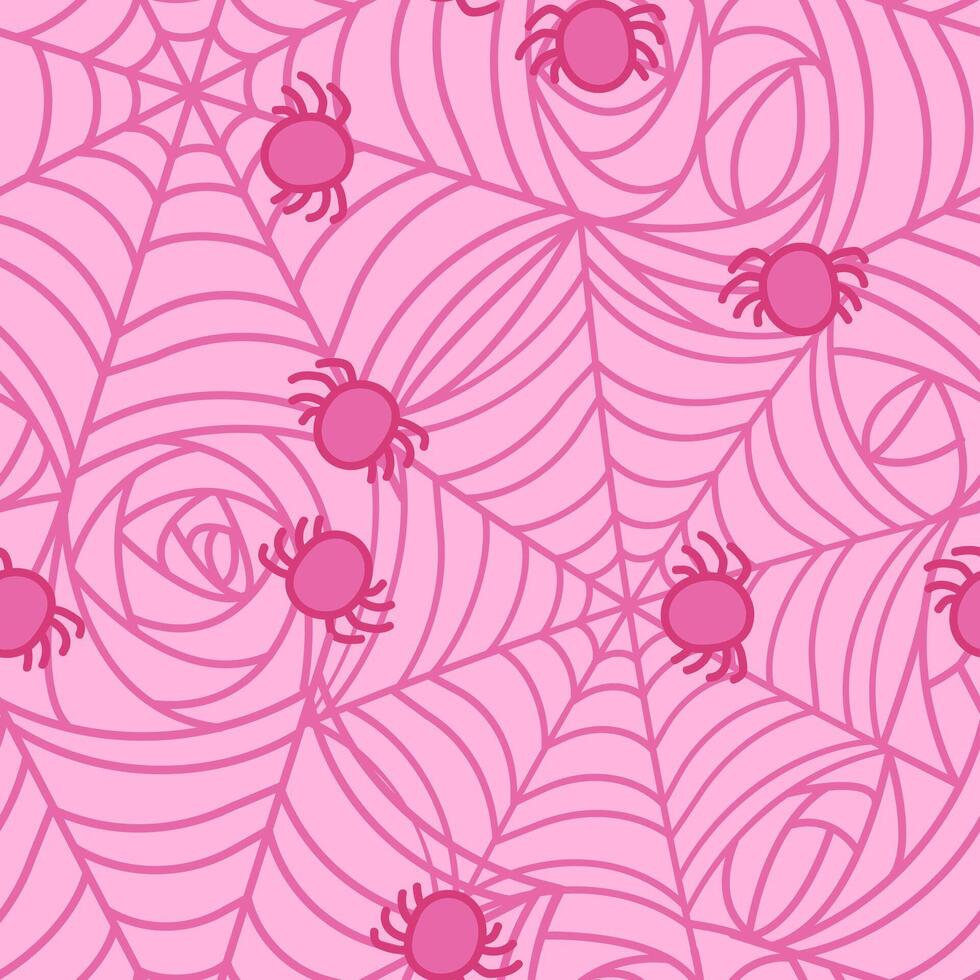 Glamour pink spider web seamless pattern. Cute Halloween concept. Stock illustration in cartoon style with outline. vector
