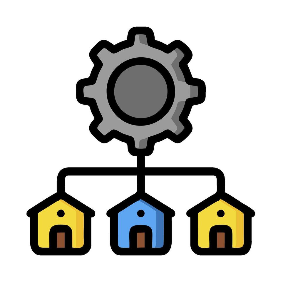 a gear wheel and three houses with a gear on top vector