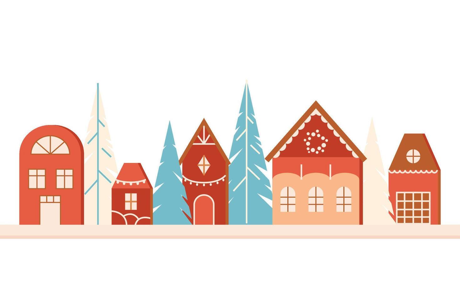 Christmas hand made little wooden toy houses and Christmas trees. Home decor festive elements. New Year craft decoration. design elements handcrafts home decorating. vector