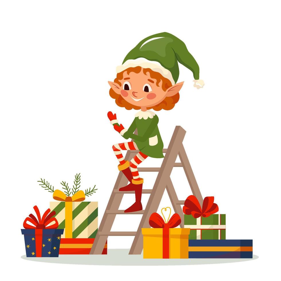Elf girl clapping her hands, lots of gifts nearby isolated on white background. Santa Claus little helper fun character with presents. Cartoon illustration for Christmas card, banner, sticker vector