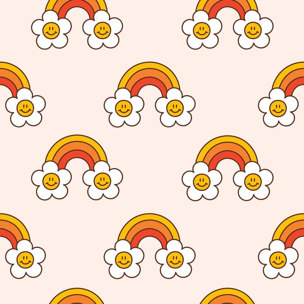 Retro seamless pattern with groovy rainbow and happy daisies. Background in a warm color palette. Textile design in vintage style 60s 70s vector