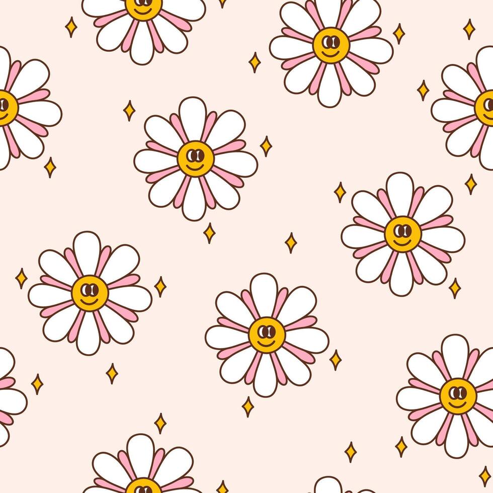 Retro seamless pattern with groovy happy daisies and stars. Background in a warm color palette. Textile design in vintage style 60s 70s vector