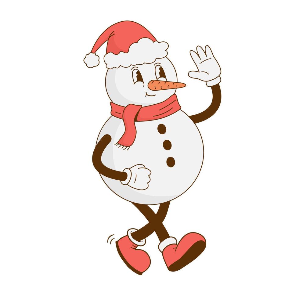 Retro cartoon snowman in red hat illustration. Nostalgia 70s, 80s. Christmas mascot, New year decor vector