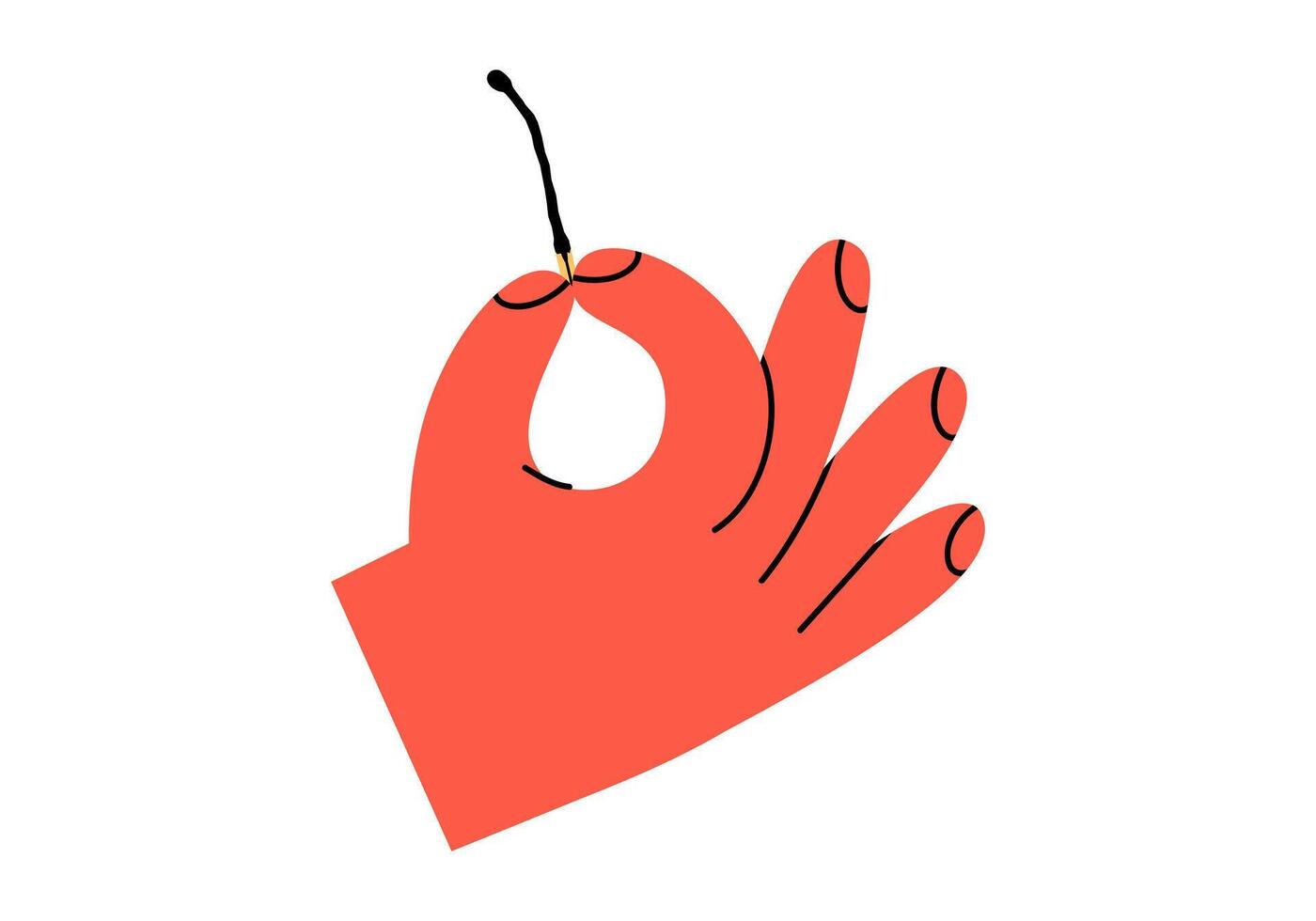 Hand drawn cute cartoon illustration hand holding burn out match. Flat outdoor fire equipment sticker in doodle style. Burnt wooden stick icon. Mental burnout. Tired and frustration. Isolated. vector