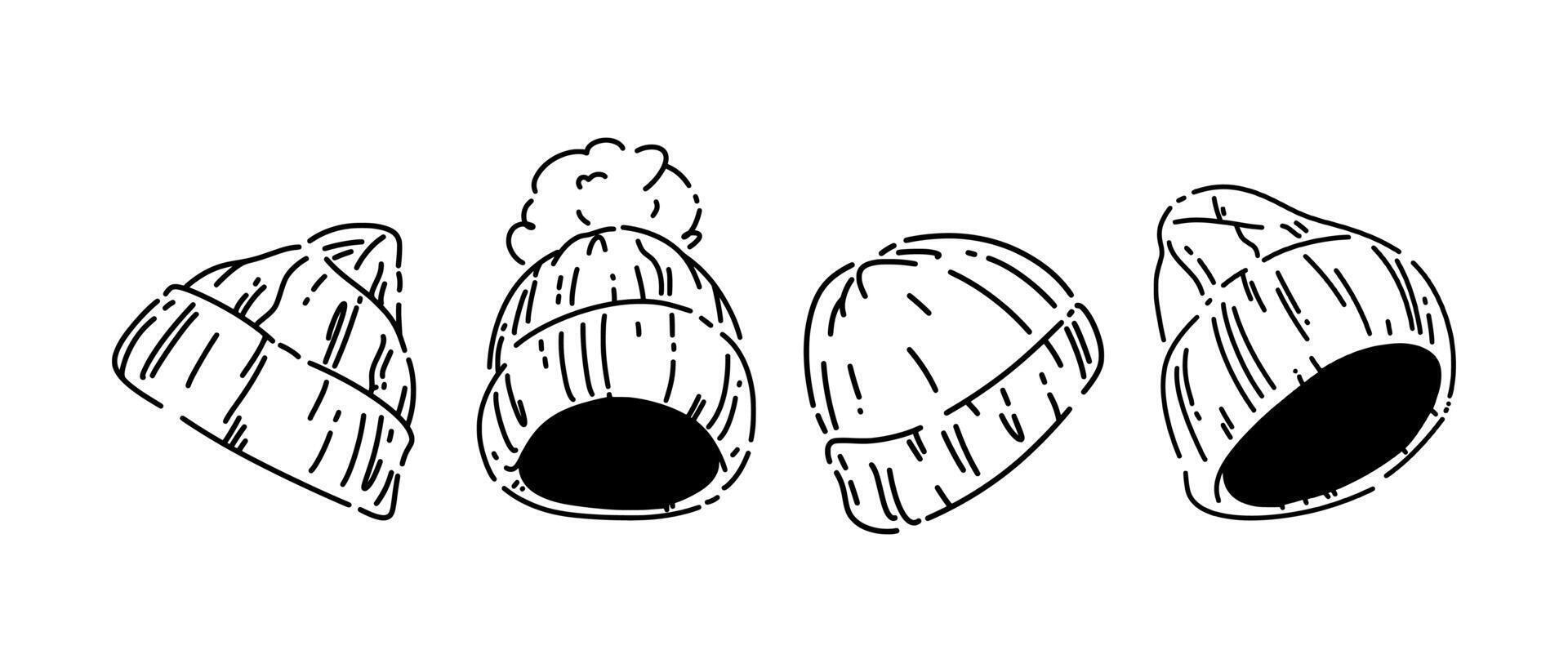 Set line drawing of beanie, winter hat. Isolated on white background. Graphic illustration. vector