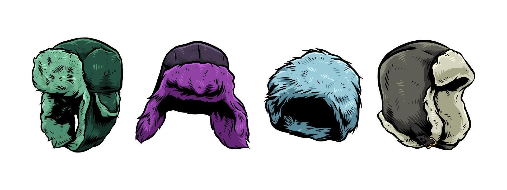 Set hand drawn vintage engraving of winter trapper hat, earflaps, ushanka. Isolated on white background. Colored graphic illustration. vector