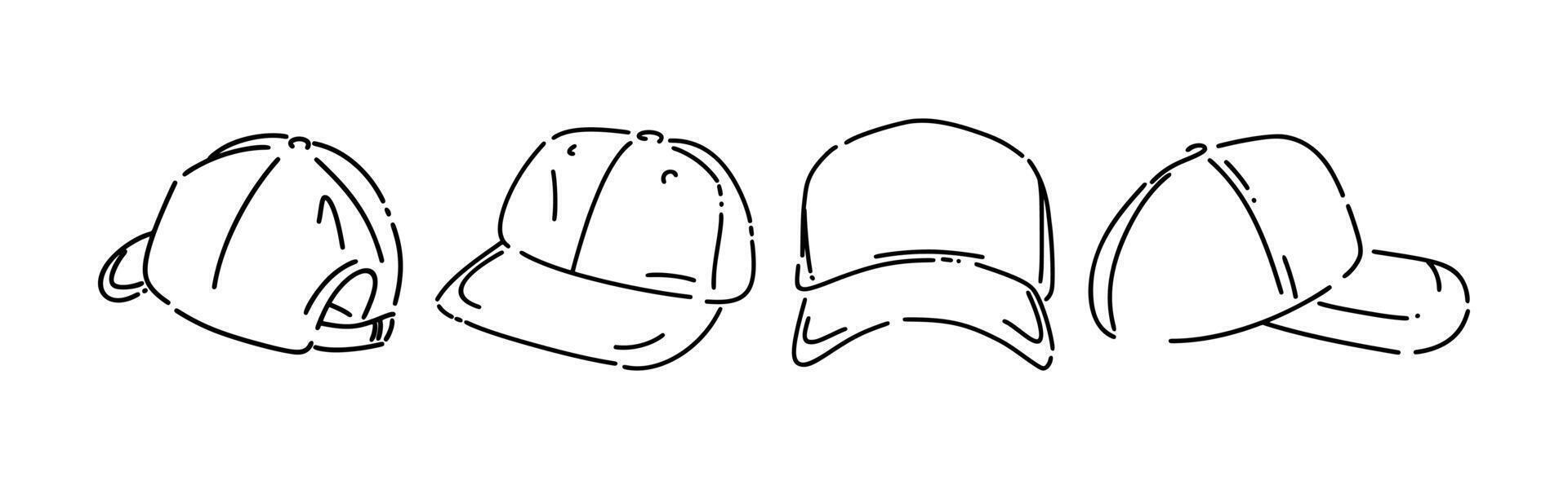 Set line drawing of baseball cap, trucker hat. Isolated on white background. Graphic illustration. vector