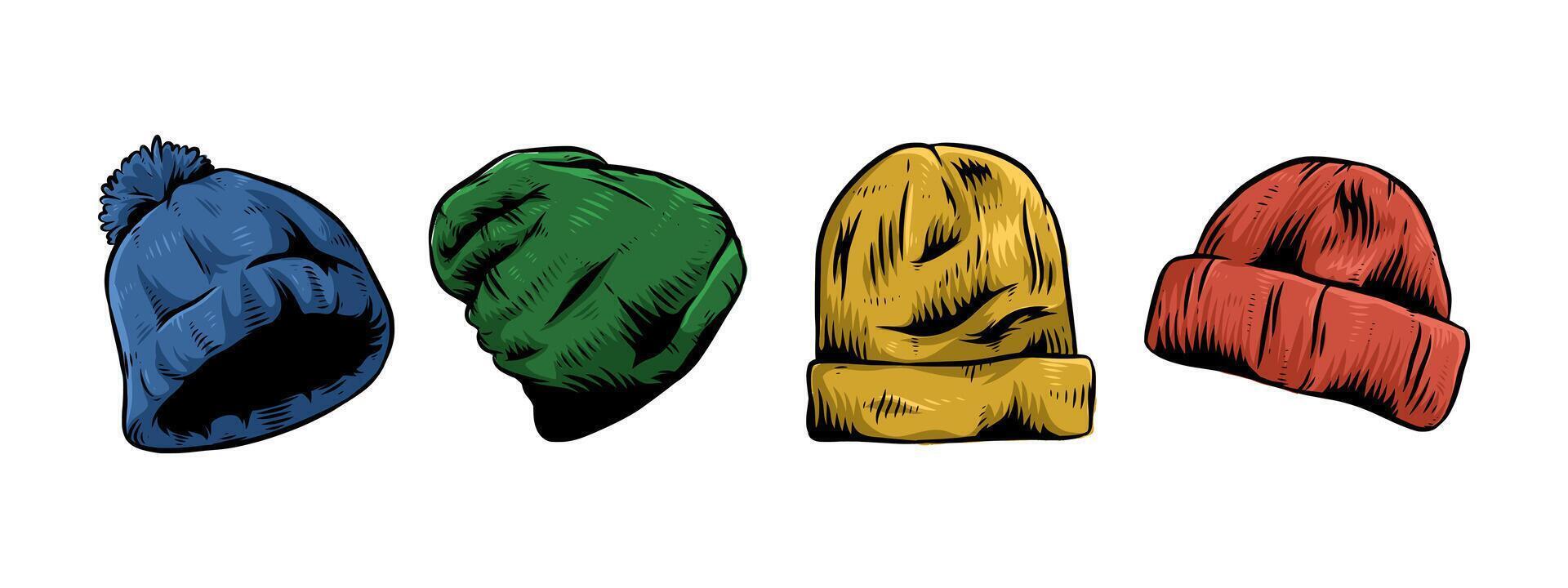 Set hand drawn vintage engraving of beanie hat, winter hat. Isolated on white background. Colored graphic illustration. vector