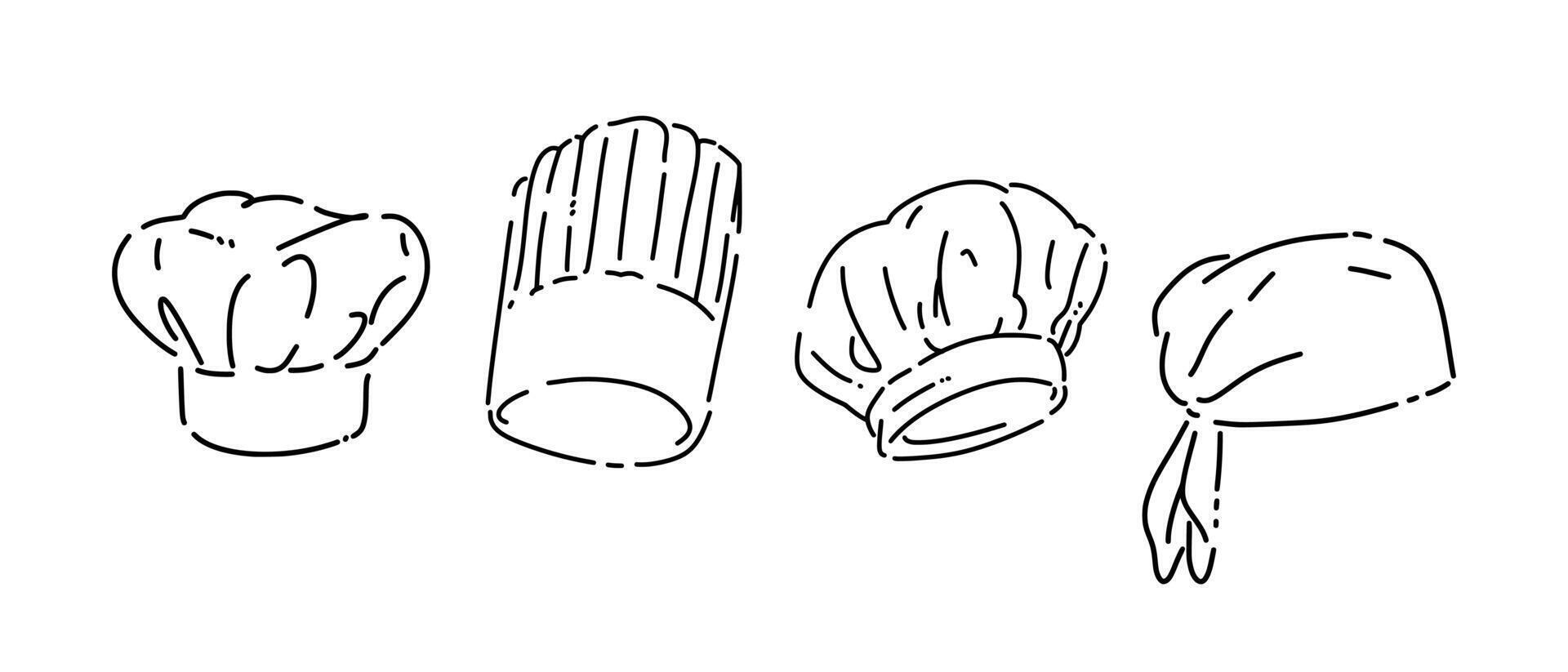 Set line drawing of chef hat. Isolated on white background. Graphic illustration. vector