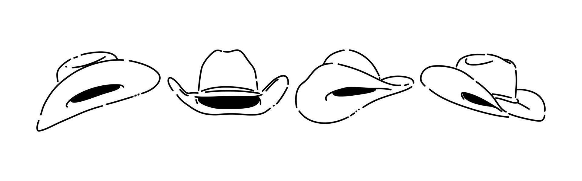 Set line drawing of cowboy hat. Isolated on white background. Graphic illustration. vector