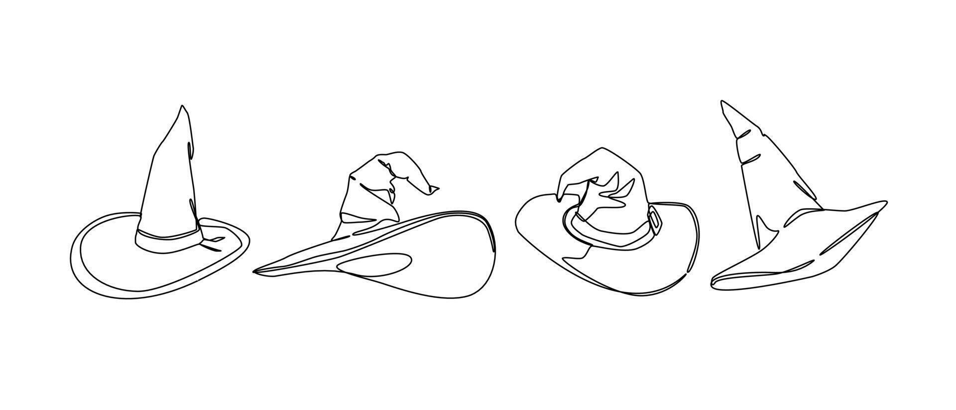 Set collection of witch hat, wizard hat. Editable line and colored. Graphic illustration. vector