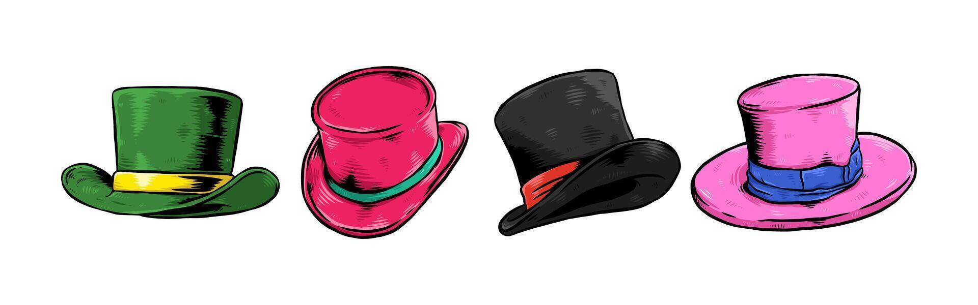 Set Hand drawn vintage engraving of top hat. Isolated on white background. Graphic illustration. vector