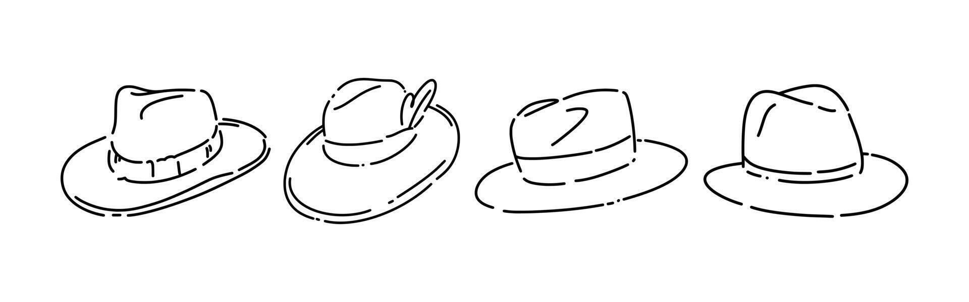 Set line drawing of fedora hat, panama. Isolated on white background. Graphic illustration. vector
